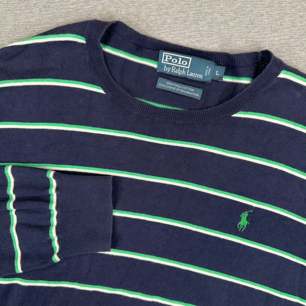 Polo Ralph Lauren Sweater Mens L Navy Blue Green Pima Cotton Striped Crewneck
